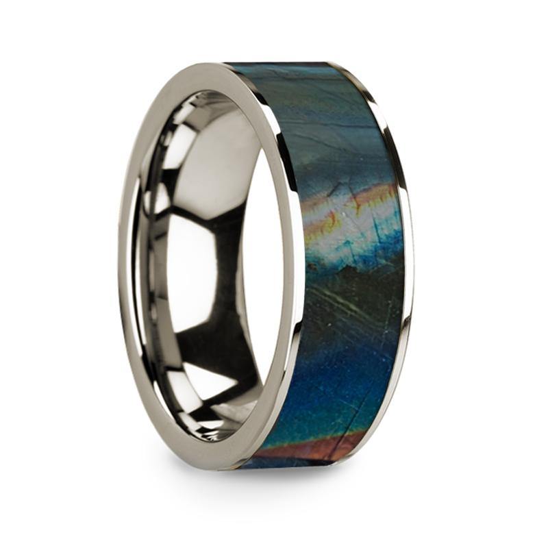 SPECTRA - Flat Polished 14k White Gold Wedding Ring with Spectrolite Inlay - 8 mm - The Rutile Ltd