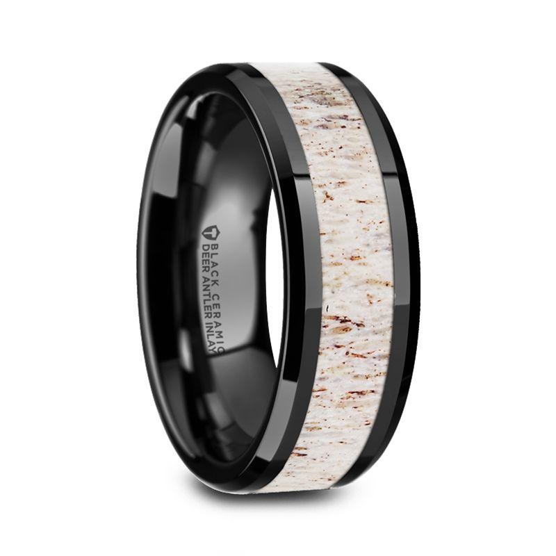 STAG - Black Ceramic Beveled Men's Wedding Band with Off-White Antler Inlay - 8mm - The Rutile Ltd