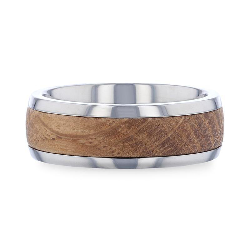 STAVE - Whiskey Barrel Inlaid Titanium Men's Wedding Band With Flat Polished Edges Made From Genuine Whiskey Barrels Used By Jack Daniel's Distillery - 8mm - The Rutile Ltd