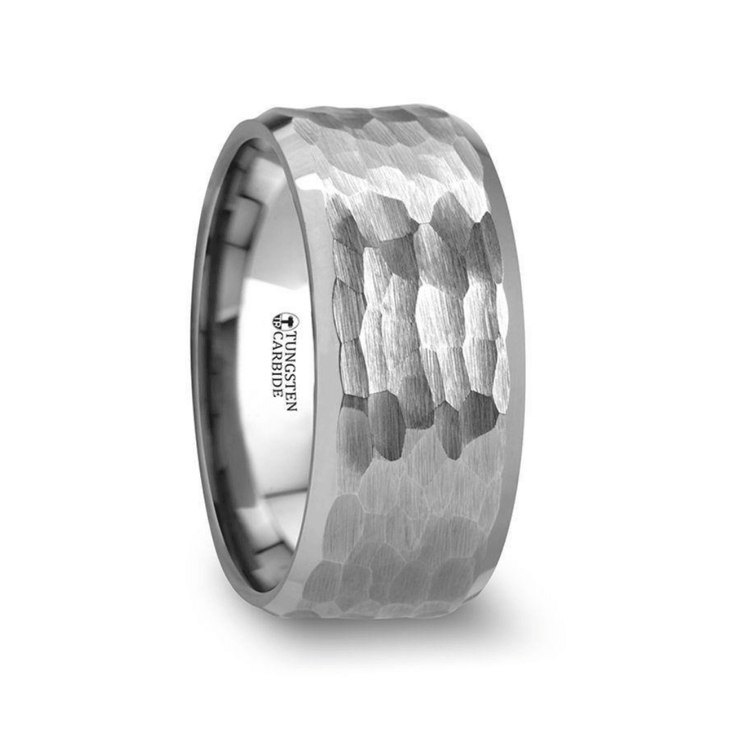 MARTEL - White Tungsten Ring with Hammered Finish and Polished Bevels - 8mm & 10mm - The Rutile Ltd