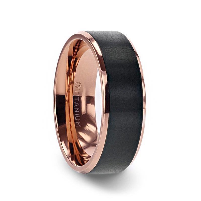 STEPHEN - Rose Gold Plated Black Titanium Flat Brushed Center Men's Wedding Ring With Beveled Polished Edges - 8mm - The Rutile Ltd