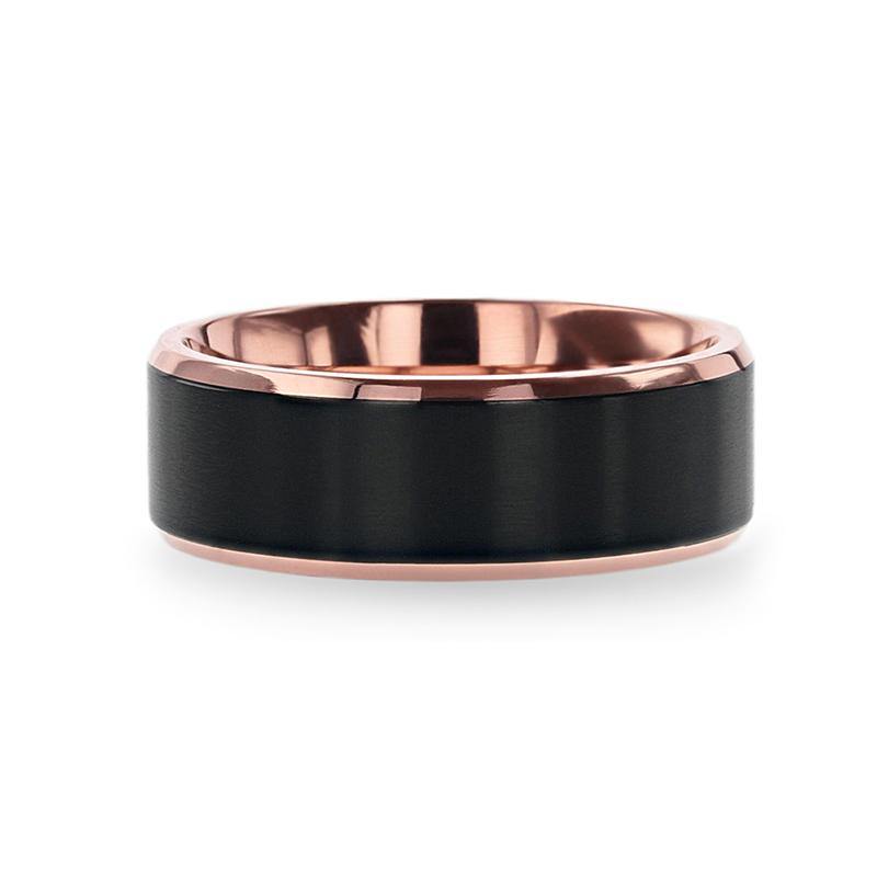 STEPHEN - Rose Gold Plated Black Titanium Flat Brushed Center Men's Wedding Ring With Beveled Polished Edges - 8mm - The Rutile Ltd