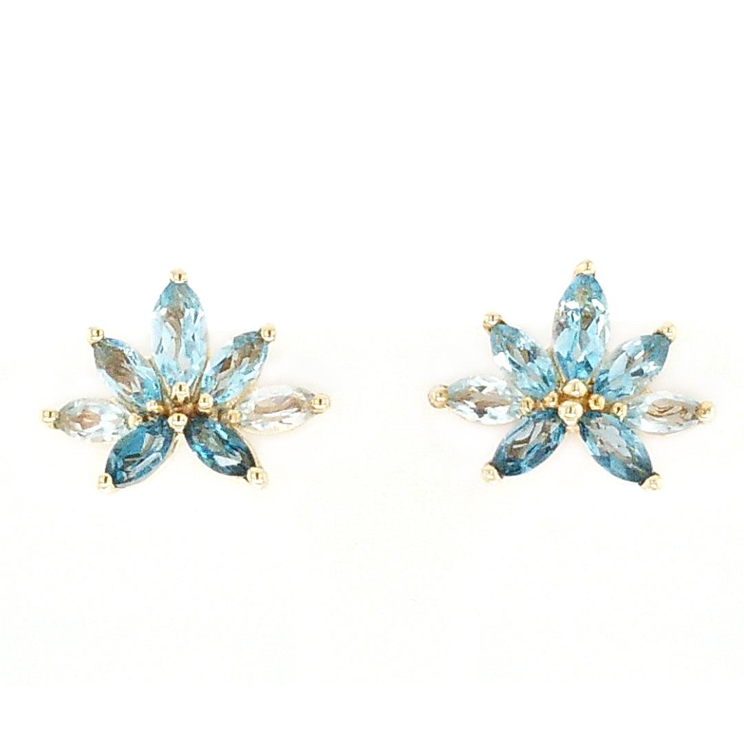 Swiss Blue, London Blue, and Sky Blue Topaz Waterlily Earrings in 10k Gold - The Rutile Ltd