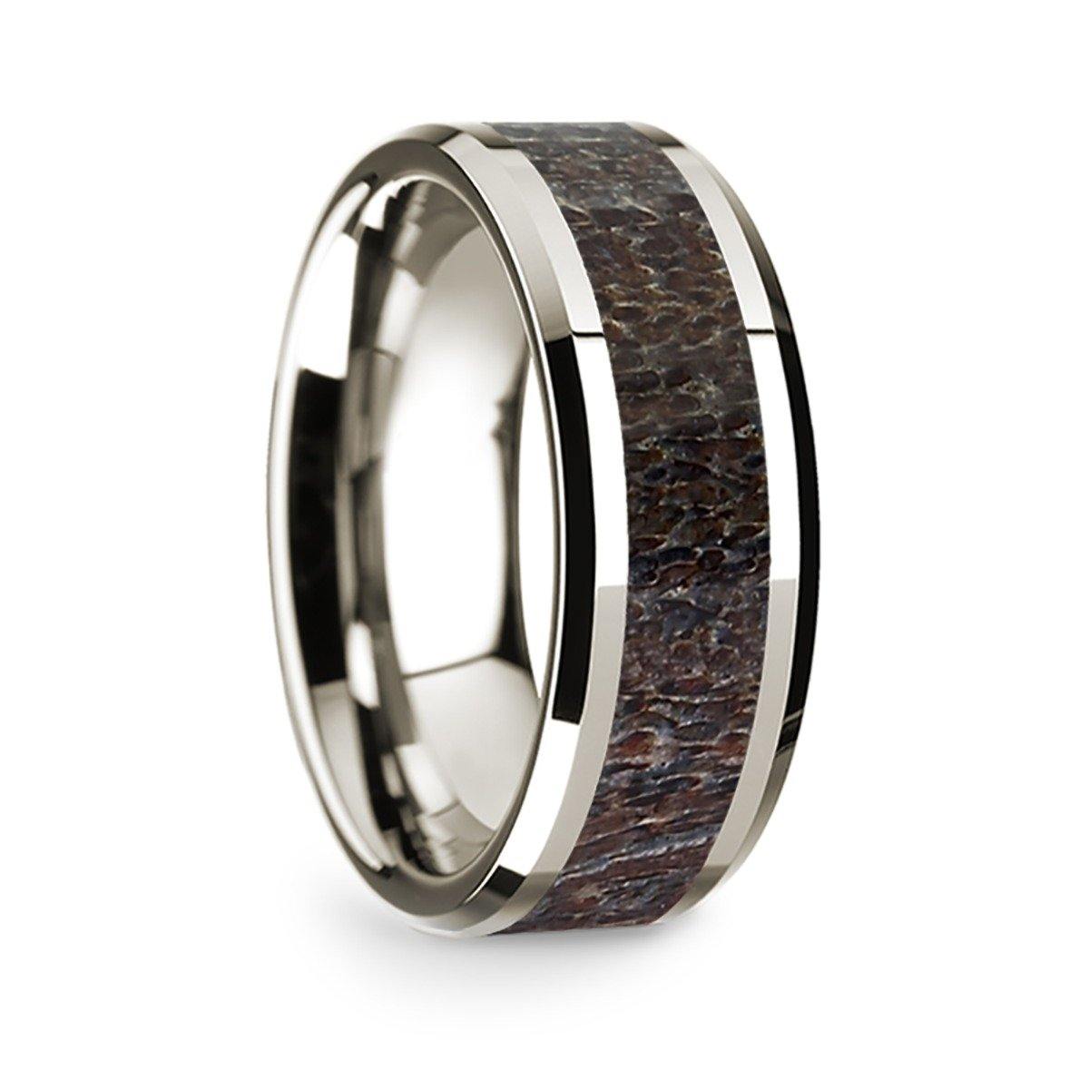 TABITHA - 14K White Gold Polished Beveled Edges Wedding Ring with Dark Deer Antler Inlay - 8 mm - The Rutile Ltd