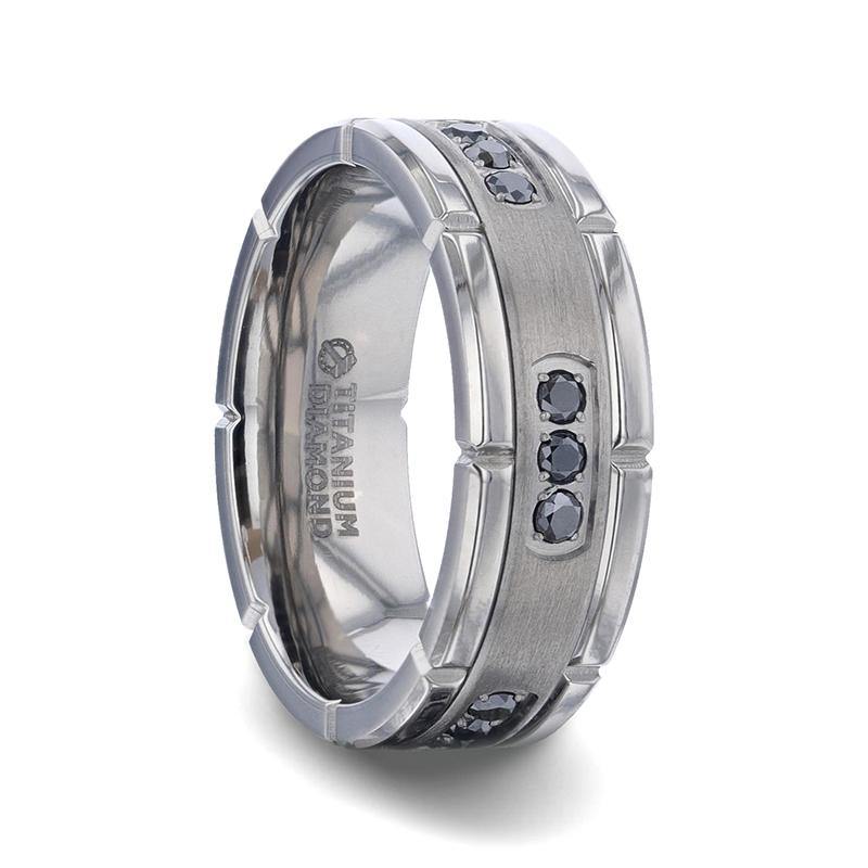 COURAGEOUS - Brushed Center Titanium Men's Wedding Band With Double Grooved Polished Edges And Black Diamond Settings - 8mm - The Rutile Ltd