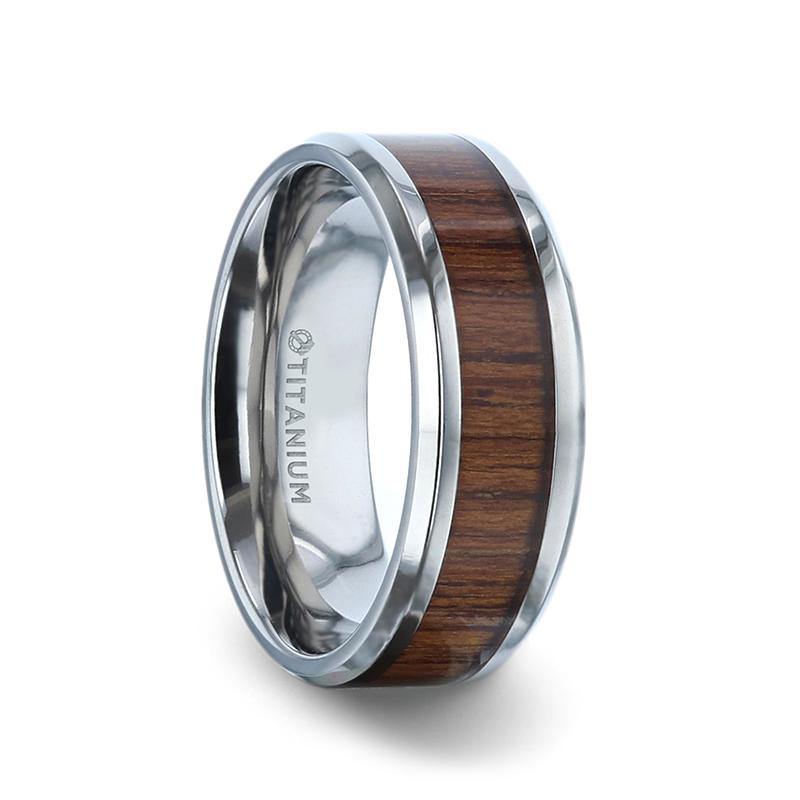 TECTON - Teak Wood Inlaid Flat Polished Finish Titanium Men's Wedding Ring With Beveled Edges - 8mm - The Rutile Ltd