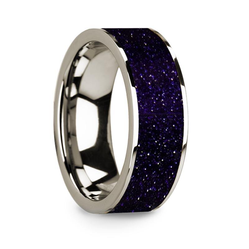 TERNION - Flat Polished 14k White Gold Wedding Ring with Purple Goldstone Inlay - 8 mm - The Rutile Ltd
