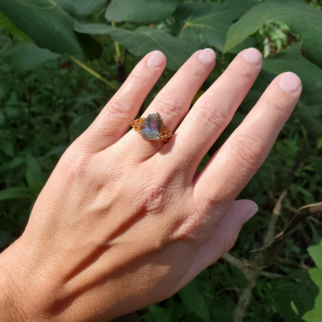 "The Declare" Rutilated Quartz and Spessartite Garnet Ring in 10kt Vintage Inspired Yellow Gold - The Rutile Ltd