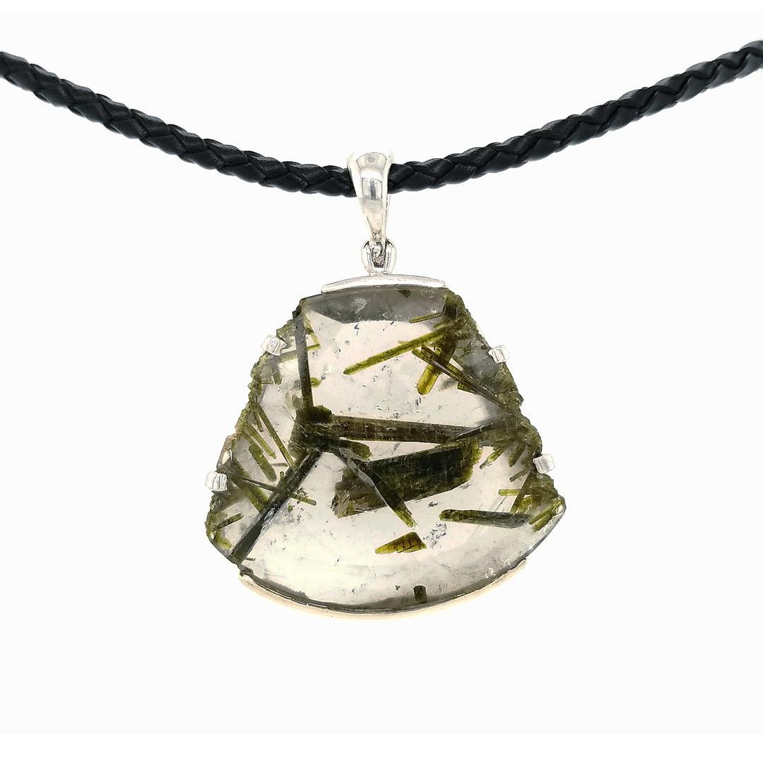 “The Emanate” - Epidote in Quartz Sterling Silver Pendant on an 18" Black Leather Cord - The Rutile Ltd