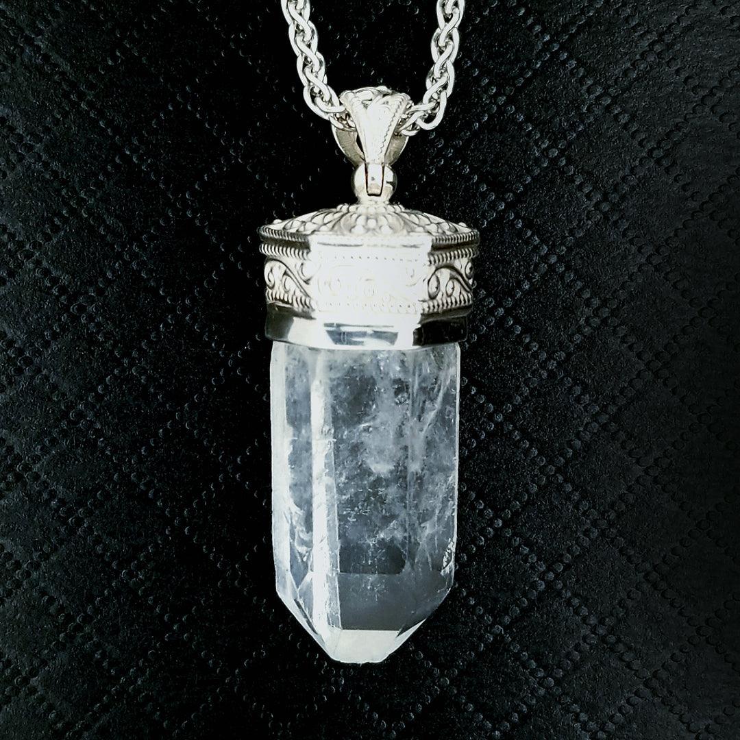 “The Frequency” - Clear Quartz Crystal Point Sterling Silver Pendant on 24” Wheat Chain - The Rutile Ltd