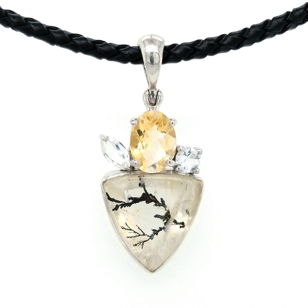 “The Grow” - Dendritic Quartz, Citrine, and White Topaz Pendant in Sterling Silver with 18" Black Leather Cord - The Rutile Ltd