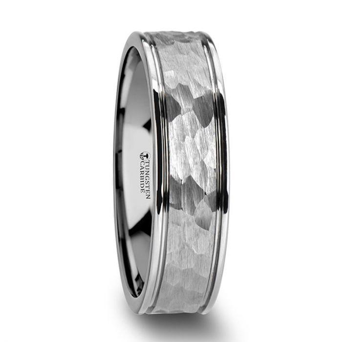 THORNTON - Hammered Finish Center White Tungsten Carbide Wedding Band with Dual Offset Grooves and Polished Edges - 6mm or 8mm - The Rutile Ltd