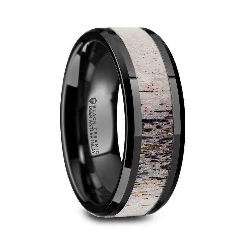 TRES - Beveled Black Ceramic Polished Men's Wedding Band with Ombre Antler Inlay - 8mm - The Rutile Ltd