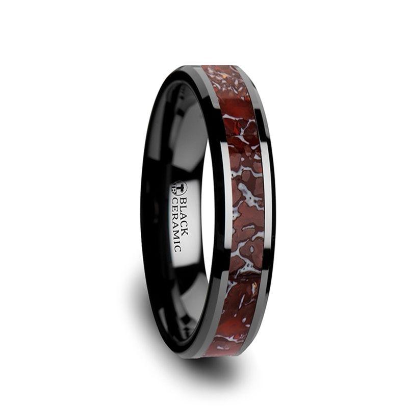 TRIASSIC - Red Dinosaur Bone Inlaid Black Ceramic Beveled Edged Ring - The Rutile Ltd