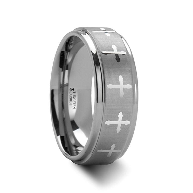 TRINITY - Raised Center with Engraved Crosses Men's Tungsten Wedding Band – 8mm - The Rutile Ltd