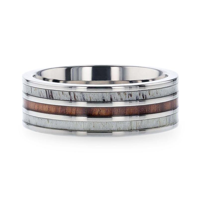 TRIPOLI - Wood Inlaid Titanium Flat Polished Finish Men's Wedding Ring With White Double Deer Antler Edges - 8mm - The Rutile Ltd