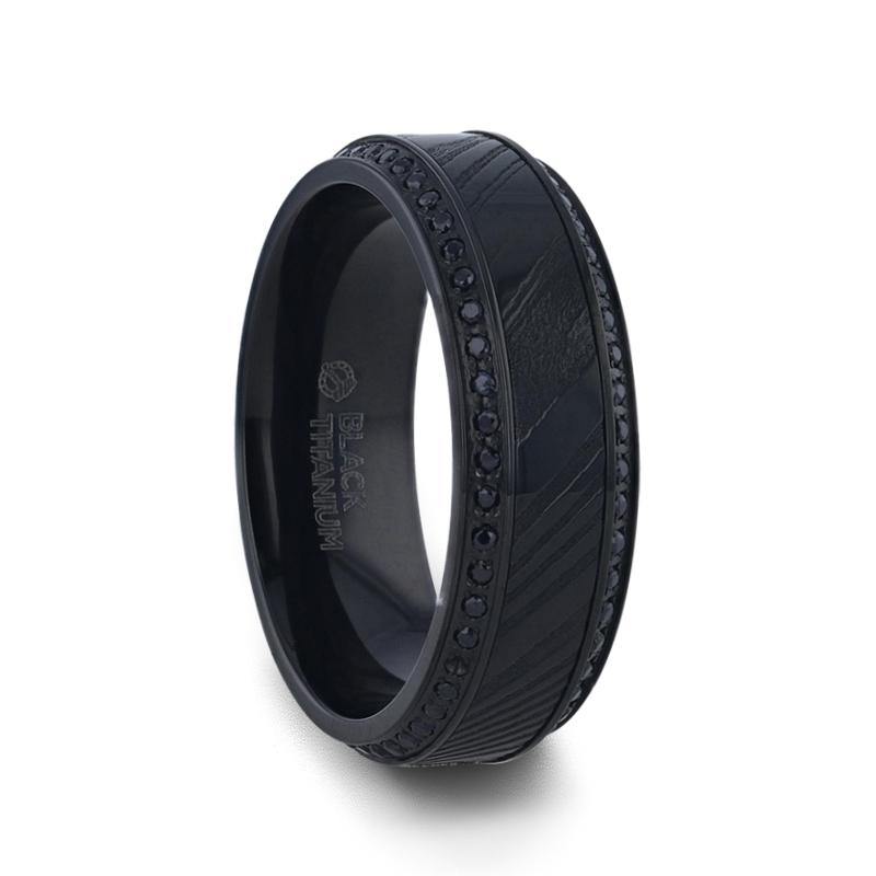 TROPHY - Black Damascus Steel Inlaid Polished Black Titanium Men's Wedding Band With Black Sapphire Beveled Edges - 8mm - The Rutile Ltd