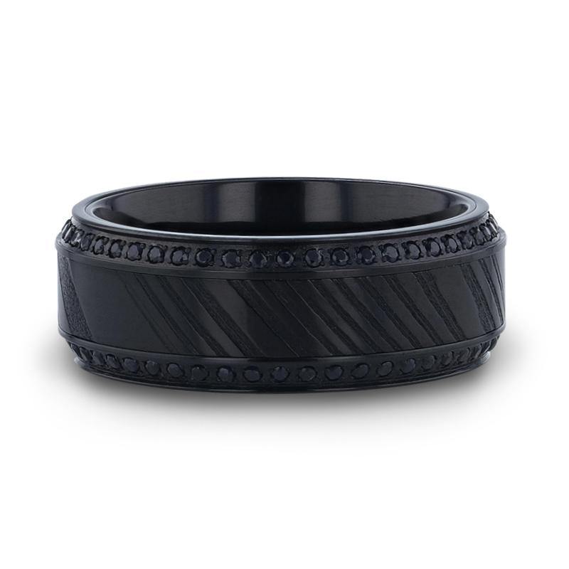 TROPHY - Black Damascus Steel Inlaid Polished Black Titanium Men's Wedding Band With Black Sapphire Beveled Edges - 8mm - The Rutile Ltd
