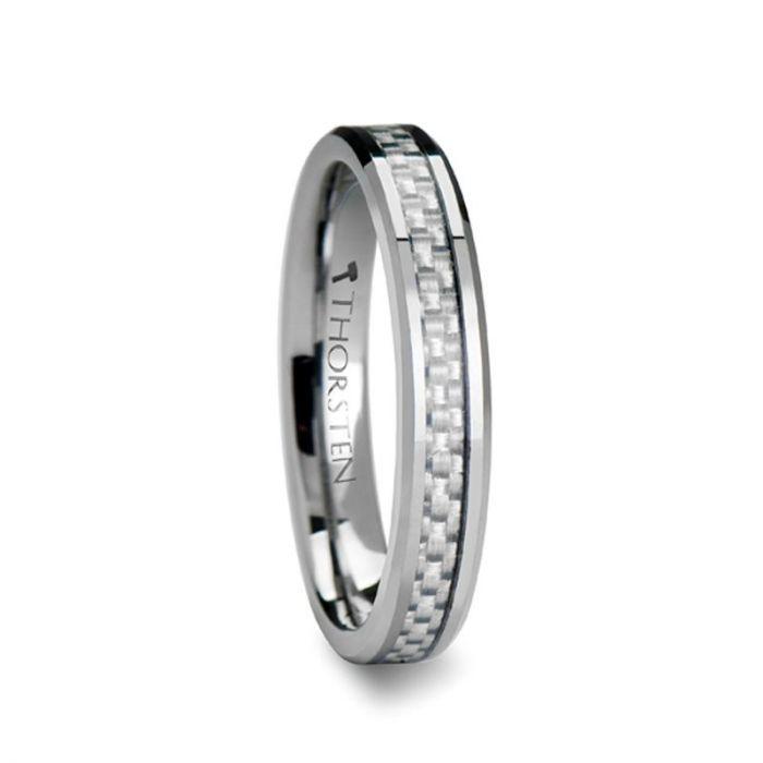 ULTIMUS - Tungsten Carbide Ring with Beveled White Carbon Fiber Inlay - 4 to 12mm - The Rutile Ltd