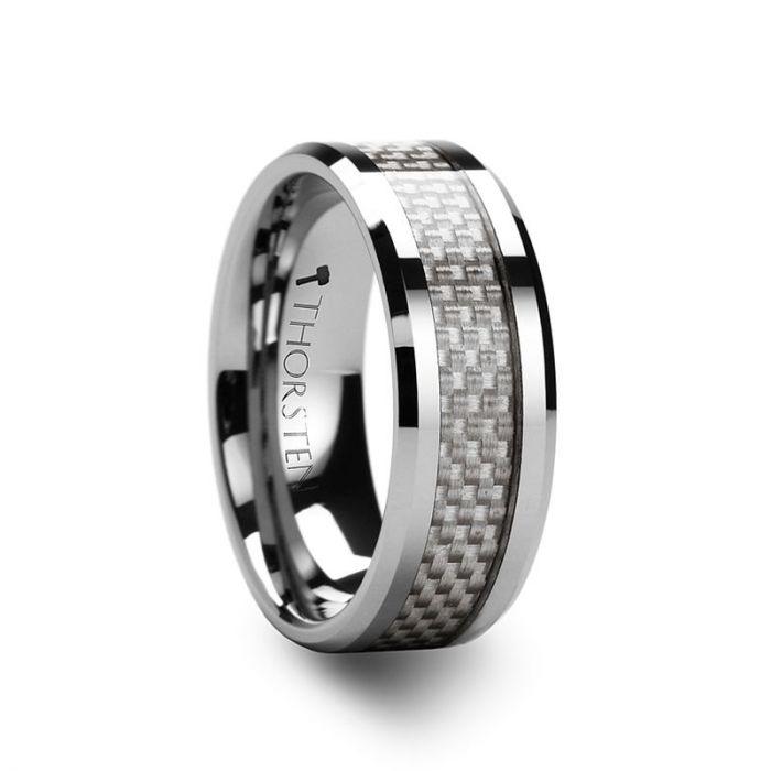 ULTIMUS - Tungsten Carbide Ring with Beveled White Carbon Fiber Inlay - 4 to 12mm - The Rutile Ltd