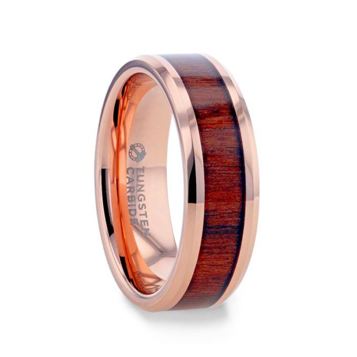 DYLAN - Rose Gold Plated Koa Wood Inlaid Tungsten Men's Wedding Band With Beveled Polished Edges - 8mm - The Rutile Ltd