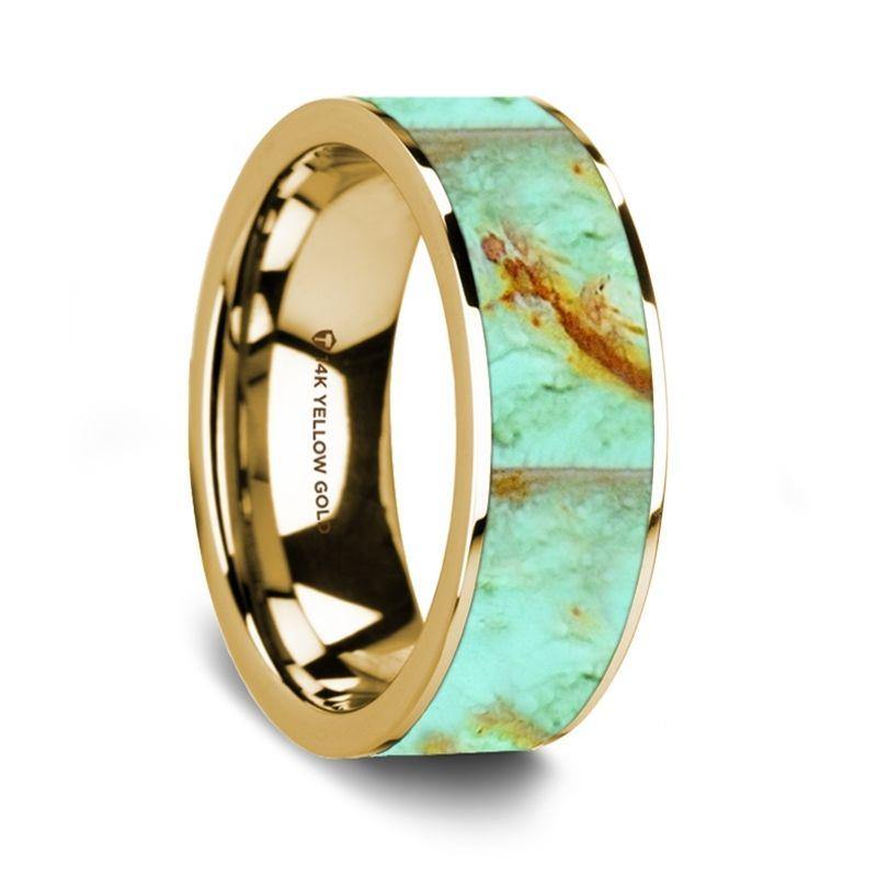 TIESTO - Flat Polished 14K Yellow Gold Wedding Ring with Turquoise Inlay - 8 mm - The Rutile Ltd