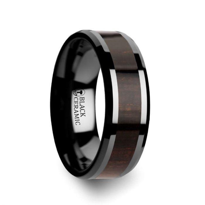 UMBRA - Black Ebony Wood Inlaid Black Ceramic Ring with Beveled Edges - 8mm - The Rutile Ltd
