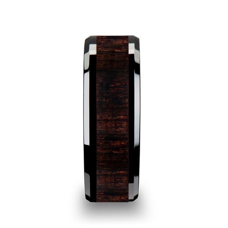 UMBRA - Black Ebony Wood Inlaid Black Ceramic Ring with Beveled Edges - 8mm - The Rutile Ltd