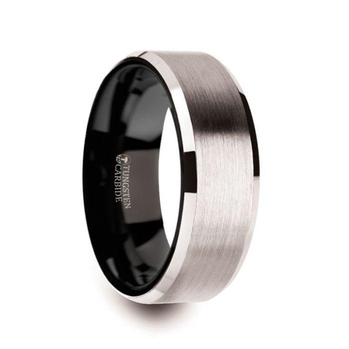 VEGA - White Tungsten Brushed Center Men’s Wedding Ring with Polished Beveled Edges & Black Interior - 8mm - The Rutile Ltd