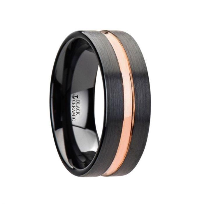VENICE - Black Ceramic Wedding Band with Rose Gold Groove - 4mm to 10mm - The Rutile Ltd