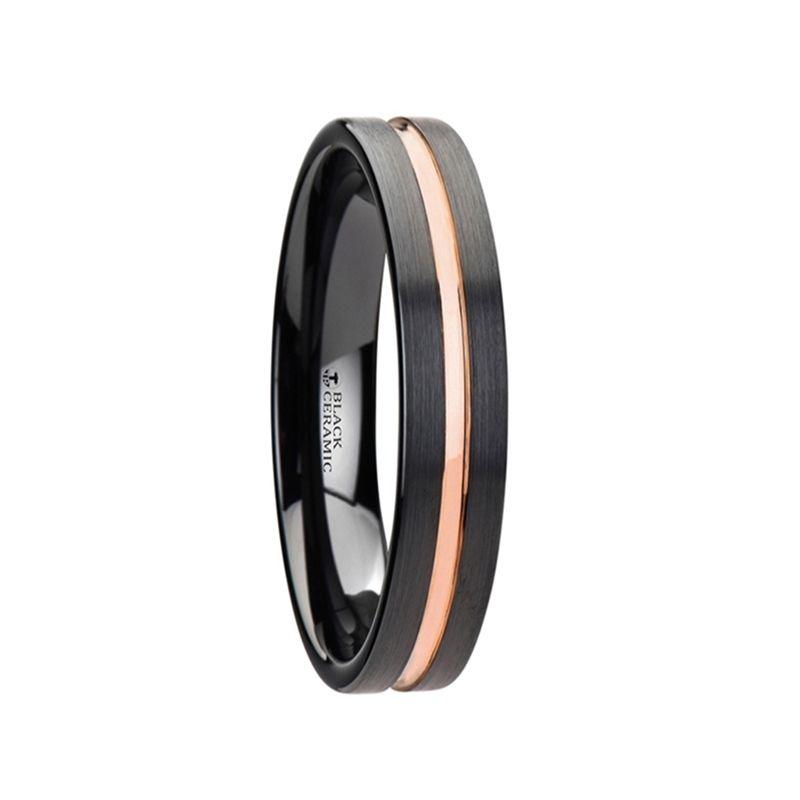 VENICE - Black Ceramic Wedding Band with Rose Gold Groove - 4mm to 10mm - The Rutile Ltd