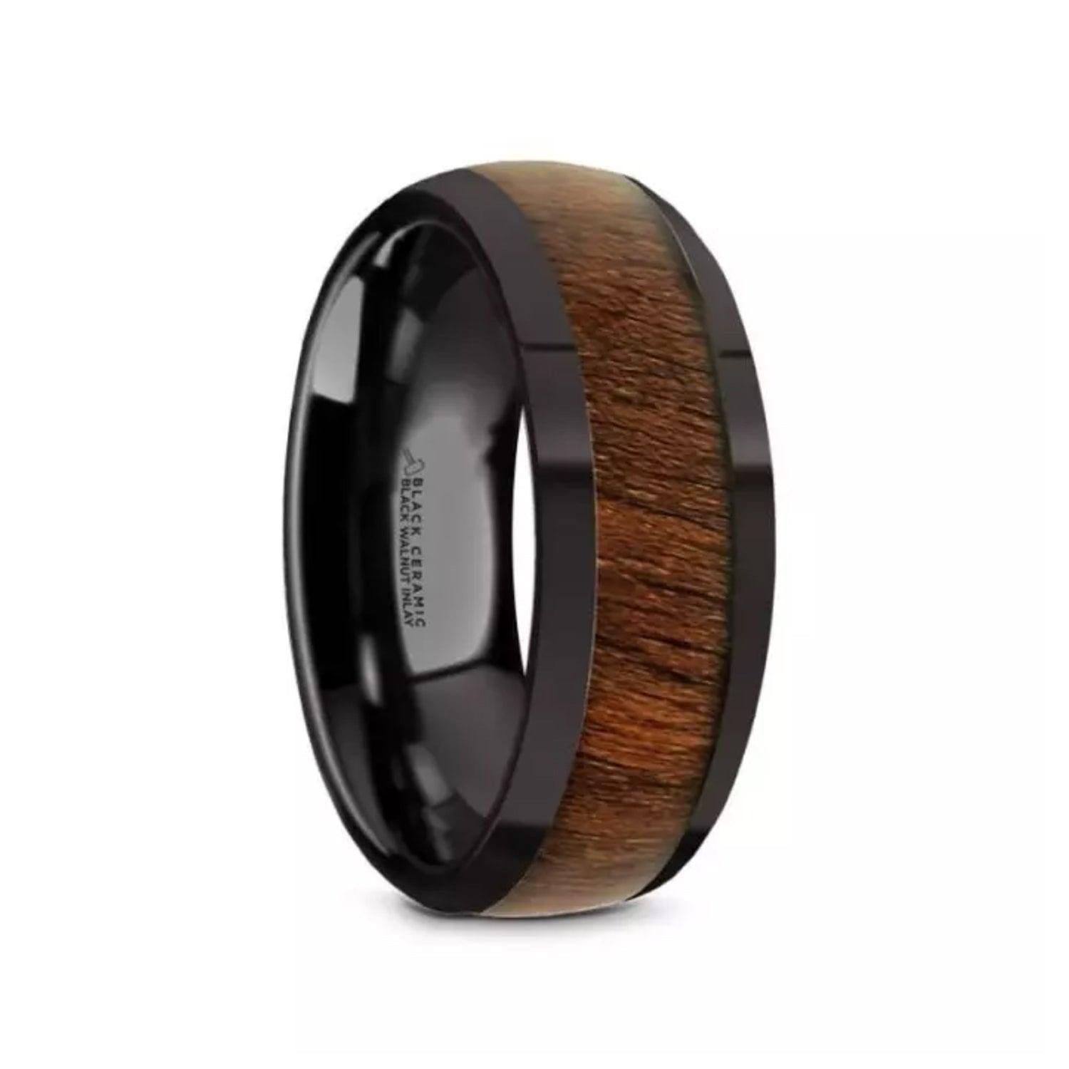 WALLACE - Black Ceramic Polished Finish Men’s Domed Wedding Band with Black Walnut Inlay - 8mm - The Rutile Ltd