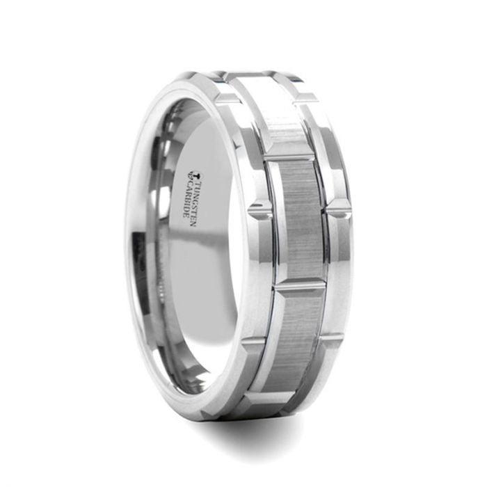 WARWICK - Beveled Tungsten Carbide Wedding Band with Brush Finished Center and Alternating Grooves - 8mm - The Rutile Ltd