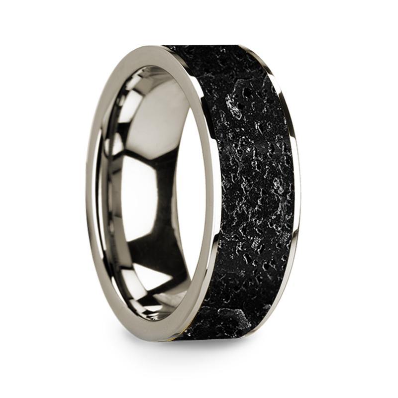 ORIGIN - Flat Polished 14k White Gold Wedding Ring with Lava Rock Inlay - 8 mm - The Rutile Ltd