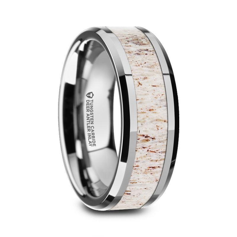 WHITETAIL - Polished Beveled Tungsten Carbide Men's Wedding Band with Off-White Deer Antler Inlay - 8mm - The Rutile Ltd