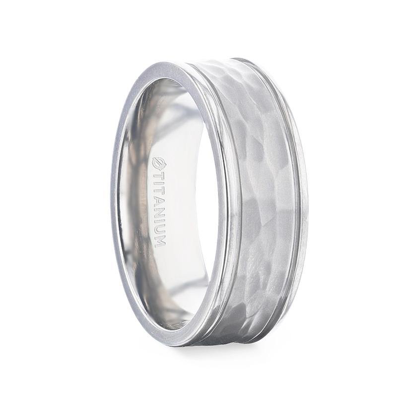 WILLIAM - Hammered Finish Center White Titanium Men's Wedding Band With Dual Offset Grooves And Polished Edges - 8mm - The Rutile Ltd