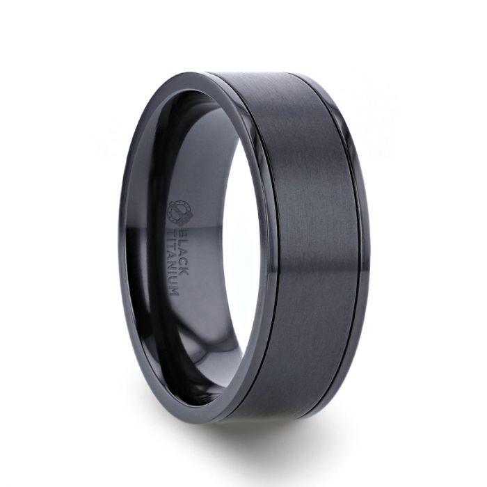 WOLFGANG - Black Titanium Brushed Finish Men’s Wedding Ring with Polished Dual Offset Grooves – 8mm - The Rutile Ltd