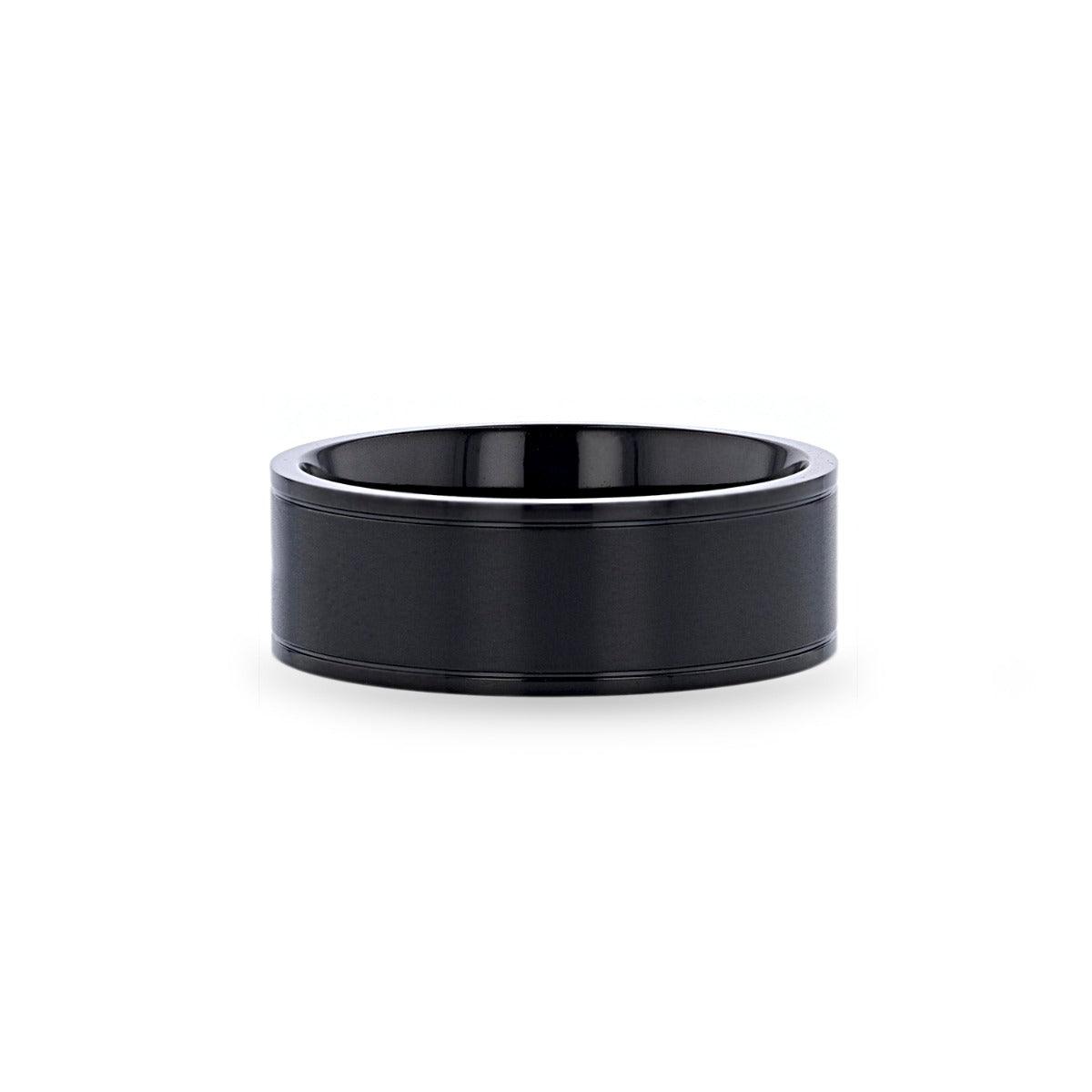 WOLFGANG - Black Titanium Brushed Finish Men’s Wedding Ring with Polished Dual Offset Grooves – 8mm - The Rutile Ltd