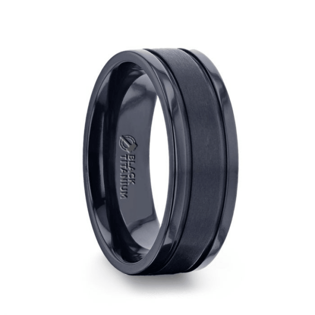 WOLVERINE - Brushed Center Black Titanium Men's Wedding Band With Polished Dual Offset Grooves - 8mm - The Rutile Ltd