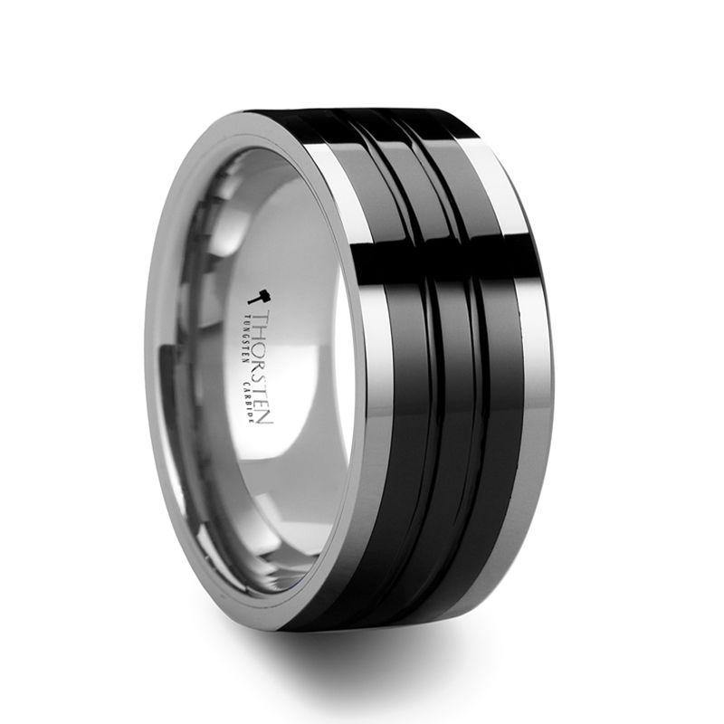 WORCESTER - Tungsten Ring with Grooved Black Ceramic Inlay - 10 mm - The Rutile Ltd