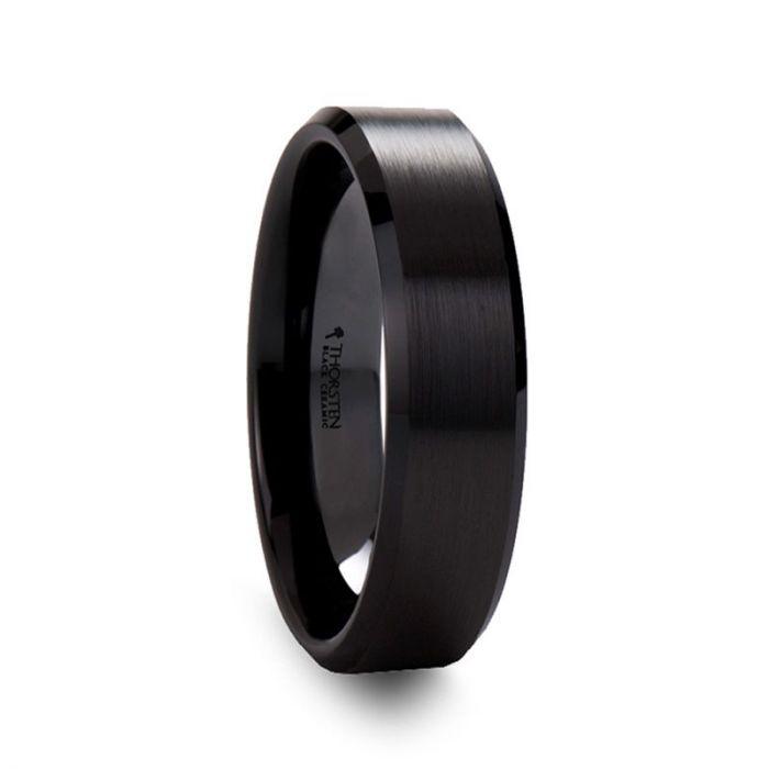 YORKSHIRE - Brushed Finish Black Ceramic Wedding Band with Beveled Edges - 6mm or 8mm - The Rutile Ltd