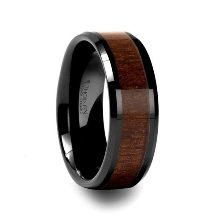 YUKON - Beveled Black Ceramic Ring with Black Walnut Wood Inlay - 10mm - 12mm - The Rutile Ltd