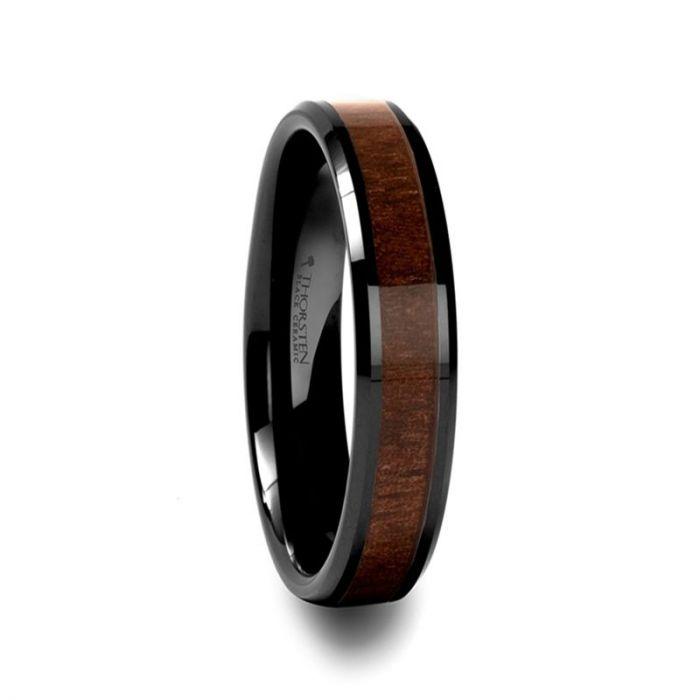 YUKON - Beveled Black Ceramic Ring with Black Walnut Wood Inlay - 4mm - 8mm - The Rutile Ltd