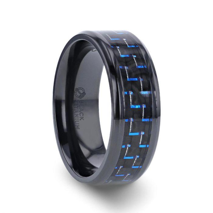 ZAYDEN - Black Titanium Ring with Blue & Black Carbon Fiber Inlay and Bevels - 8mm - The Rutile Ltd