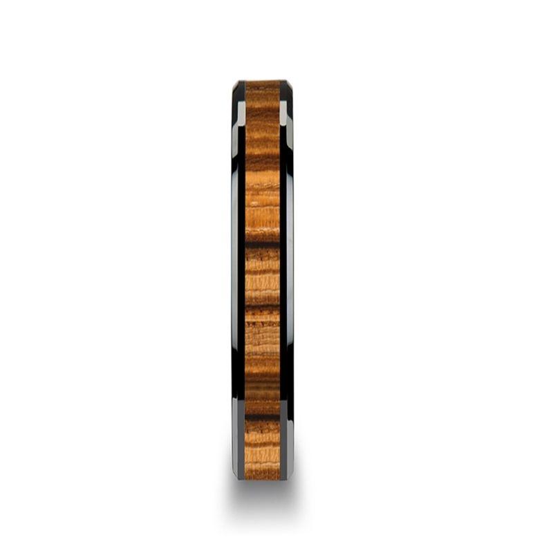 ZEBRANO - Black Ceramic Ring with Beveled Edges and Real Zebra Wood Inlay - 4mm - 10mm - The Rutile Ltd