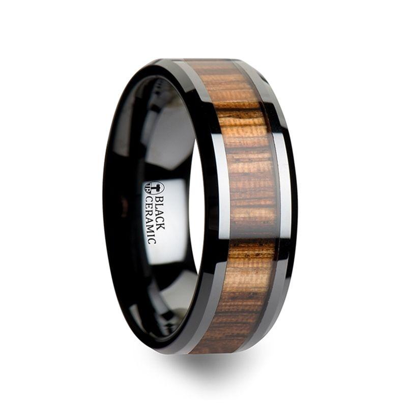 ZEBRANO - Black Ceramic Ring with Beveled Edges and Real Zebra Wood Inlay - 4mm - 10mm - The Rutile Ltd