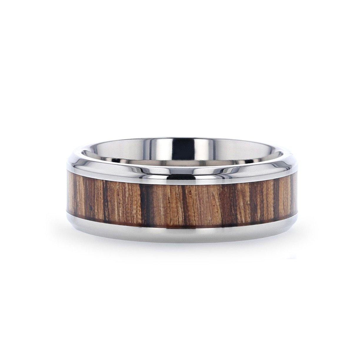 ZINGANA - Titanium Ring with Beveled Edges and Real Zebra Wood Inlay - 8mm - The Rutile Ltd